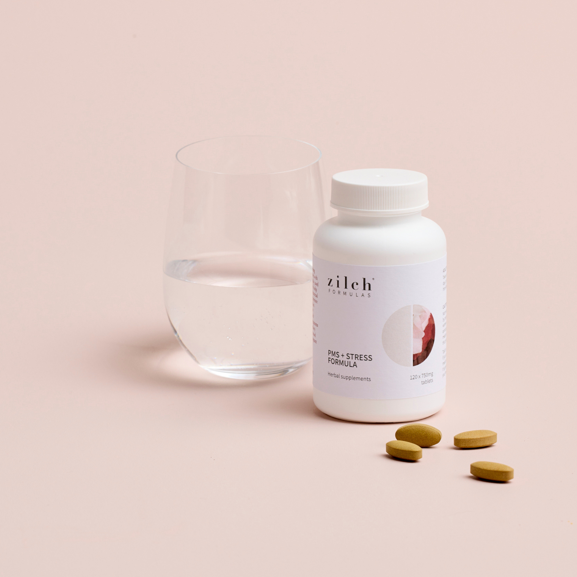 zilch pms and stress formula with glass of water