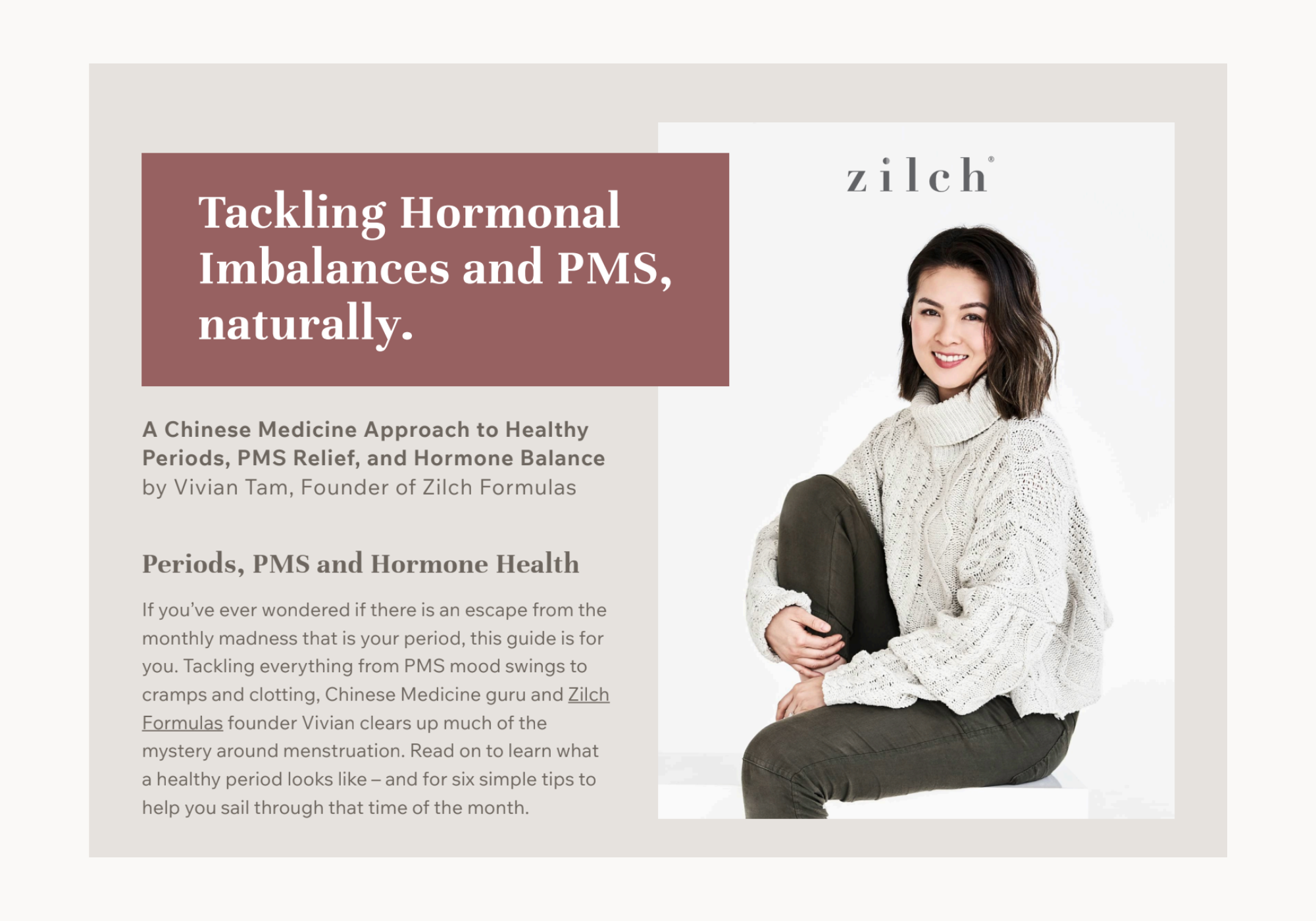 Tackling hormonal imbalances and PMS, naturally e-book cover image with Vivian Tam, founder of Zilch Formulas